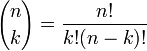 {N \ choisir k} = \ frac {n!} {K! (N-k)!}
