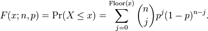 F (x; n, p) = \ Pr (X \ le x) = \ sum_ {j = 0} ^ {\ {operatorname étage} (x)} {n \ choisir j} p ^ j (1-p) ^ {nj}.