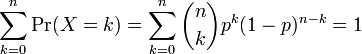 \ Sum_ {k = 0} ^ n \ operatorname {} Pr (X = k) = \ sum_ {k = 0} ^ n {n \ choisir k} p ^ k (1-p) ^ {nk} = 1