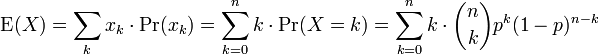\ Operatorname {} E (x) = \ sum_k x_k \ cdot \ operatorname {Pr} (x_k) = \ sum_ {k = 0} ^ nk \ cdot \ operatorname {} Pr (X = k) = \ sum_ {k = 0} ^ nk \ cdot {n \ choose k} p ^ k (1-p) ^ {nk}