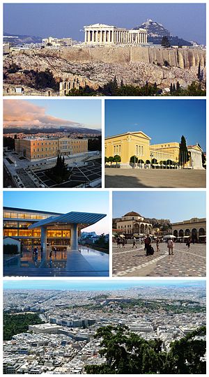 De haut à gauche: l'Acropole, le Parlement hellénique, le Zappeion, le musée de l'Acropole, la place Monastiraki, Athènes vue sur la mer.