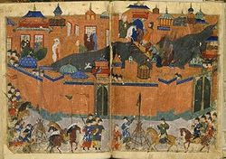 Colorful représentation médiévale d'un siège, montrant la ville de Bagdad entouré de murs, et l'armée mongole extérieur