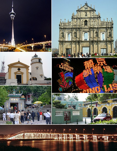 À droite en haut à droite: Ruines de Saint-Paul; Casino Lisboa; Église Saint-Joseph Seminary; Gouverneur Nobre de Carvalho pont; A-Ma Temple; Forteresse de Guia; Tour de Macao.