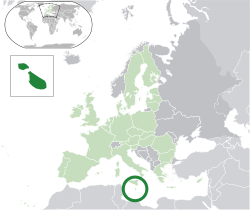 Lieu de Malte (vert foncé) - en Europe (vert et gris foncé) - dans l'Union européenne (vert) - [Légende]
