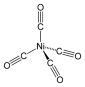 Un atome de nickel avec quatre liaisons simples à carbonyle (de carbone triplement lié à l'oxygène; obligations par le carbone), les groupes qui sont énoncées tétraédrique autour de lui