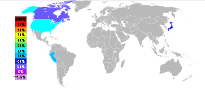 Carte du monde gris et blanc avec quatre pays de couleur pour indiquer le pourcentage de la production mondiale de tellure de large. US de produire 40%; Pérou 30%; Japon 20% et 10% Canada.