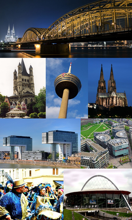 De haut en bas à gauche: Pont Hohenzollern de nuit, Eglise Grand St-Martin, Colonius tour de télévision, la cathédrale de Cologne, bâtiments Kranhaus dans Rheinauhafen, MediaPark, les gens célébrant le carnaval de Cologne, et Kölnarena.