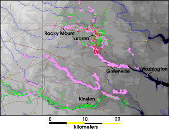 Les zones inondées le long des rivières Tar et Neuse