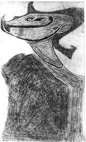 Photographie en noir et blanc d'un croquis stylisé représentant un masque funéraire tribale.