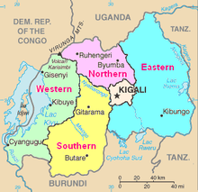 Carte du Rwanda montrant les cinq provinces de différentes couleurs, ainsi que les grandes villes, les lacs, les rivières et les zones des pays voisins