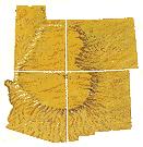 carte de la forme à peu près ovale du Plateau du Colorado de secours entourant le point où les Etats-Unis de l'Utah, Colorado, Nouveau-Mexique et de l'Arizona se rencontrent.