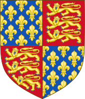 Armoiries avec trois lions, de l'or sur le rouge, en deux trimestre, fleurs de lys d'or, sur fond bleu, en deux.