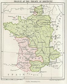 Carte montrant 14e siècle en France en vert, avec le sud-ouest et dans certaines parties du nord en rose.