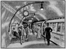 Croquis montrant une douzaine de personnes debout sur une plate-forme de métro avec un train debout à la plate-forme. Plusieurs autres personnes sont visibles à l'intérieur du train, qui a les mots