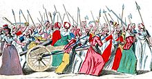 Une gravure montrant des femmes armés de piques et d'autres marchant d'armes.