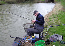Homme assis sur le côté de l'eau entourée par des tiges de pêche et de se attaquer.