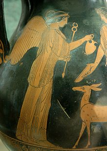 Photo de partie d'un vase noir avec photo brun sur elle: Une femme avec des ailes sur son dos tient une flèche avec la main droite et donne un pot à un homme. Un petit chevreuil est debout devant la femme.