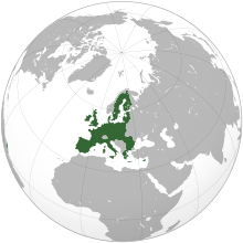 Une projection orthographique du monde, en soulignant l'Union européenne et ses États membres (vert).