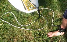 Photo de cordon en plastique attaché à planche de surf et velcrotées autour de la cheville surfeur
