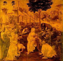Un tableau inachevé représentant la Vierge et l'Enfant entourée par de nombreuses personnalités qui sont tous Tassage à regarder le bébé. Derrière les chiffres est un paysage lointain et un grand bâtiment en ruine. Plus de gens sont à venir, dans la distance.