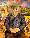 Portrait d'un homme d'un homme barbu vers l'avant, tenant ses mains sur ses genoux; coiffé d'un chapeau, manteau bleu, beige chemise à col et un pantalon marron; assis devant un fond avec les différents carreaux d'art sur le thème d'Extrême-Orient et de la nature.
