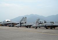 Sukhoi Su-30MKM Flankers et Aermacchi MB-339s avions militaires de la Force aérienne royale malaisienne à l'aéroport de Langkawi.