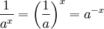 ! \, \ \ {1 \ sur une ^ x} = \ left ({1 \ over a} \ right) ^ x = a ^ {- x}
