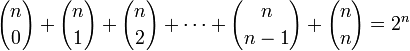{N \ choisissez 0} + {n \ choisissez 1} + {n \ choisir 2} + \ cdots + {n \ choisissent n-1} + {n \ n choisir} = 2 ^ n