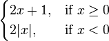 \ Begin {} cas 2x + 1, et \ mbox {if} x \ ge 0 \\ 2 | x |, & \ mbox {} si x <0 \ end {} cas
