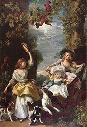 Cena do jardim imaginário com aves do paraíso, vinhas carregadas de uvas, e colunas arquitectónicos. Duas raparigas e um bebê usando vestidos finos jogar com três spaniels e um pandeiro.