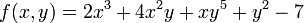 f (x, y) = 2x ^ 3 + 4x ^ 2y + xy ^ 5 + y ^ 2-7