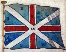 Saltire branco claramente visíveis ao longo da cruz vermelha branco-limitada no fundo azul.