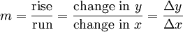 m = \ frac {\ mbox {origem}} {\ mbox {corrida}} = {\ mbox {} alterar em y \ over \ mbox {} mudar em x} = {\ Delta y \ over {\ Delta x}}