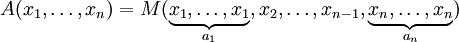 A (x_1, \ pontos, x_n) = M (\ underbrace {x_1, \ pontos, x_1} _ {} a_1, x_2, \ dots, x_ {n-1}, \ underbrace {x_n, \ dots, x_n} _ {} a_n)
