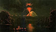 Pintura de um vulcão em erupção cônica à noite do lado.
