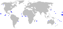 mapa do mundo com áreas azuis espalhadas pelo Atlântico, Índico e Pacífico, excluindo as regiões polares
