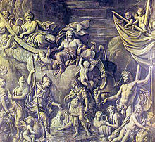 sepia-tonificado gravura alegórico que representa a chegada de William III em Tor Bay