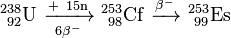 \ Mathrm {^ {238} _ {\ 92} L \ \ xrightarrow [6 \ beta ^ -] {+ \ 15 n} \ ^ {253} _ {\ 98} Cf \ \ xrightarrow {\ beta ^ -} \ ^ {253} _ {\ 99}} Es