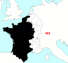Mapa mostrando as regiões coloridas de conquista francesa ao longo dos anos o tempo em evolução