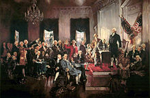 Pintura de homens em uma reunião política formal.