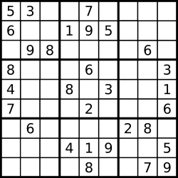 Uma grade típica puzzle Sudoku, com nove linhas e nove colunas que se cruzam em espaços quadrados. Alguns dos espaços são pré-cheia com um número cada; outros são espaços em branco para um solucionador para preencher com um número.