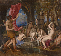 Pintura de um homem acontecendo em cima de um grupo de mulheres nuas, banhando em um espaço gruta-like.