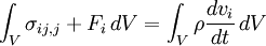 \ \ Int_V \ sigma_ {ij, j} + f_i \, dV = \ int_V \ rho \ frac {d v_i} {dt} \, dV