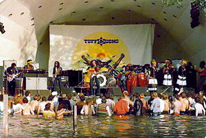 Uma multidão de pessoas que estão na água e ouvir uma banda de actuar no palco.