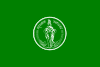 Uma bandeira rectangular verde com o selo de Bangkok no centro