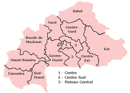 Um mapa clicável de Burkina Faso exibindo suas 13 regiões administrativas.