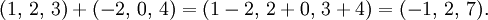 (1, \, 2, \, 3) + (-2, \, 0, \, 4) = (2/1, \, 2 + 0, \, 3 + 4) = (- 1, \, 2 , \, 7). \,