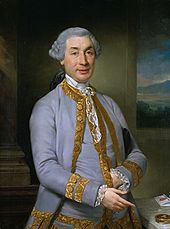 Retrato Half-length de um homem de meia-idade peruca com uma jaqueta bem-to-do. Sua mão esquerda está escondido dentro de seu colete.