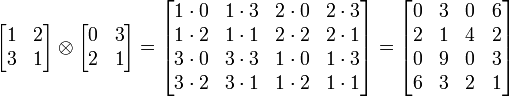 \ Begin {} bmatrix 1 & 2 & 3 1 \\ \\ \ end {bmatrix} \ otimes \ begin {} bmatrix 0 e 3 \\ 2 e 1 \\ \ end {bmatrix} = \ begin {} bmatrix 1 \ cdot 0 e 1 \ cdot 3 & 2 \ cdot 0 e 2 \ cdot 3 \\ 1 \ cdot 2 e 1 \ cdot 1 & 2 \ cdot 2 & 2 \ cdot 1 \\ 3 \ cdot 0 e 3 \ cdot 3 & 1 \ cdot 0 e 1 \ cdot 3 3 \\ \ cdot 2 e 3 \ cdot 1 & 1 \ cdot 2 e 1 \ cdot 1 \\ \ end {bmatrix} = \ begin {bmatrix} 0 & 3 & 0 & 6 \\ 2 & 1 & 4 & 2 \\ 0 & 9 & 0 & 6 & 3 \\ 3 & 2 & 1 \ final {} bmatrix