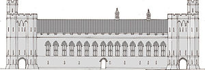 Um desenho da frente de um salão de castelo, com duas torres em cada extremidade e uma fileira de janelas altas correndo junto com o meio. O desenho é em tons de cinza.
